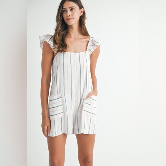 Striped Ruffle Sleeve Romper - Picture 1 of 9